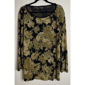 Sharon Anthony Womens 2X Black Gold Metallic Slinky‎ Blouse Top Floral Romantic